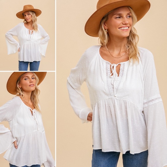 Hem & Thread Tops - 15. Hem & Thread Women’s Blouse Swiss Dot Flare Sleeve Lace White NWT